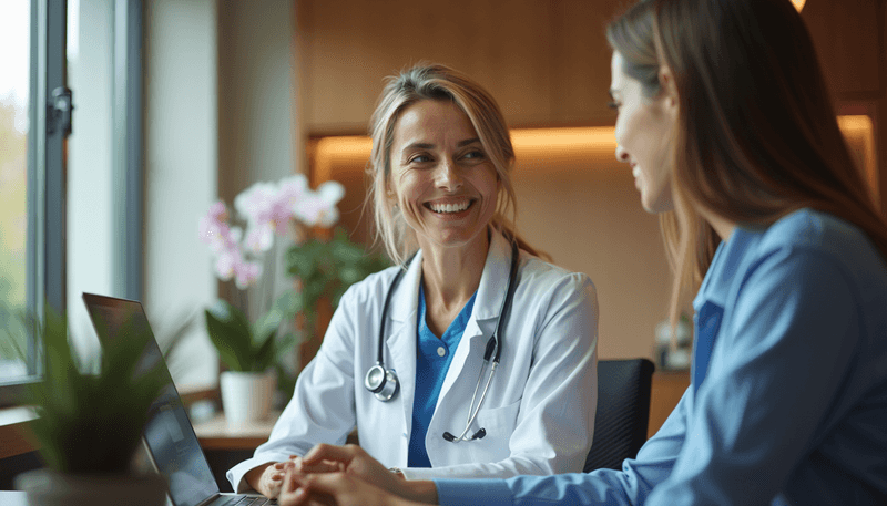 Woman discussing health concerns with female doctor in comfortable medical office setting