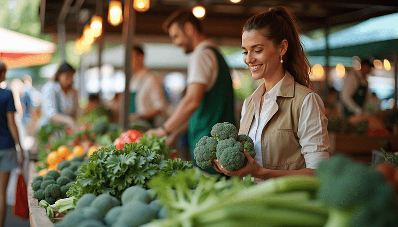 Woman shopping for fresh vegetables at farmers market