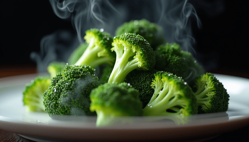 Close up of steamed broccoli florets on a white plate