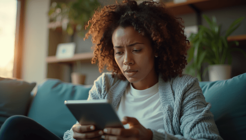 Woman looking concerned while reading medical information on tablet