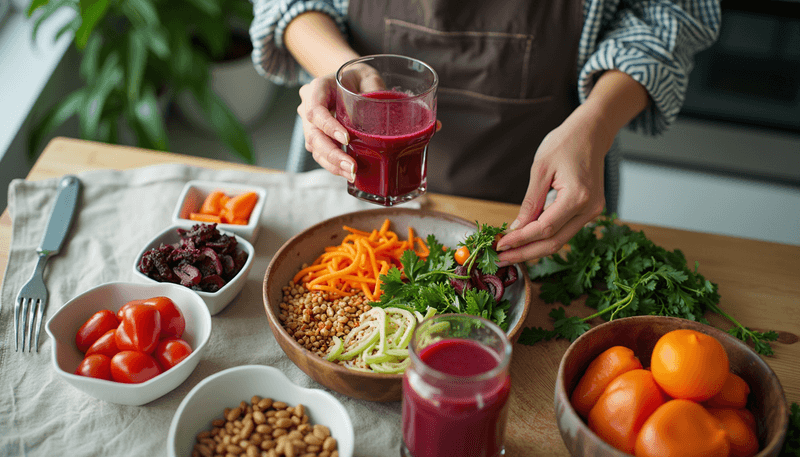 Woman preparing heart-healthy meal with various vegetables