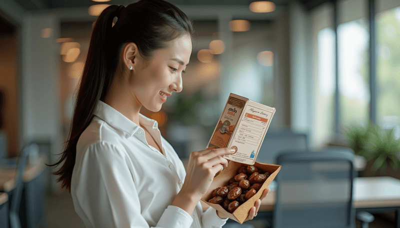 Woman holding handful of dates while reading nutrition label