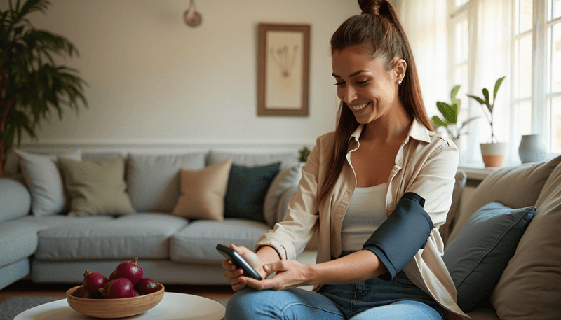 A woman measuring blood pressure at home with a modern device