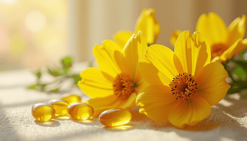 Evening primrose flower and oil capsules in natural setting