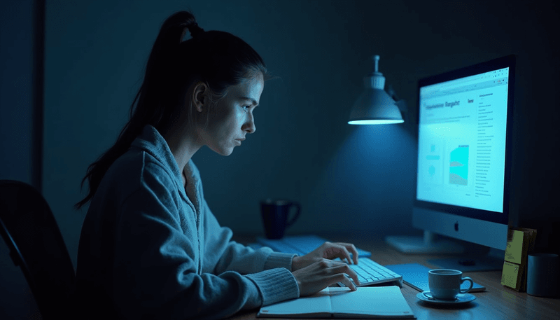 A woman sitting at her desk late at night, looking concerned while reading medical information on her computer