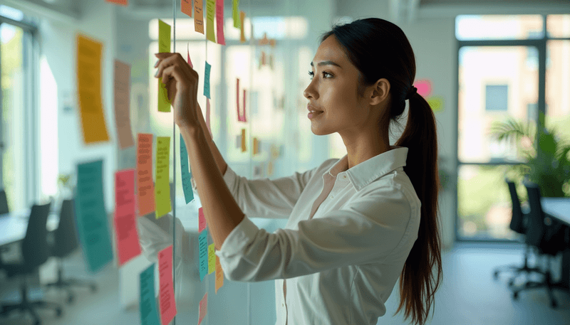 Woman looking at sticky notes on wall, organizing thoughts