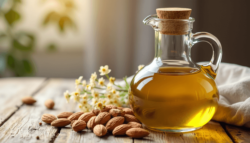 Almond oil bottle next to whole almonds on wooden table