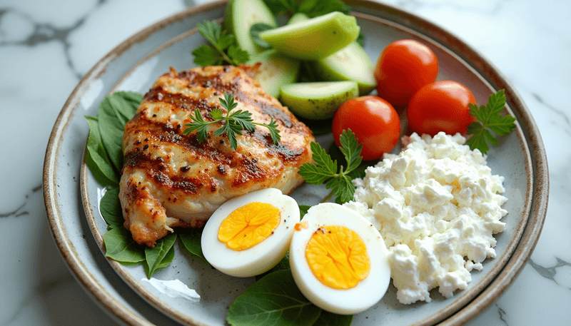 Various protein-rich foods arranged on a plate