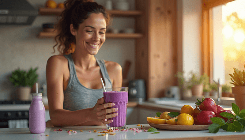 Woman enjoying morning smoothie with soy milk