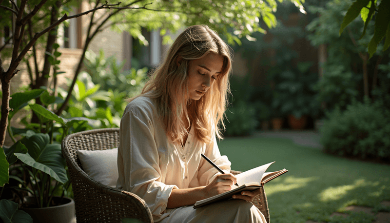 Woman journaling in a peaceful garden setting