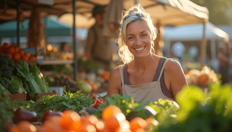 Woman choosing healthy foods at farmer's market