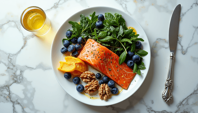 A colorful plate showing anti-inflammatory foods like berries, leafy greens, and fish