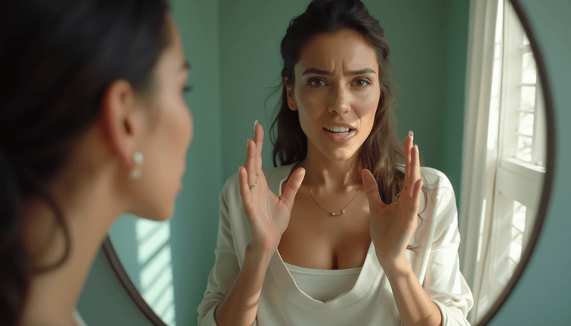 Woman examining her gums in mirror with concerned expression