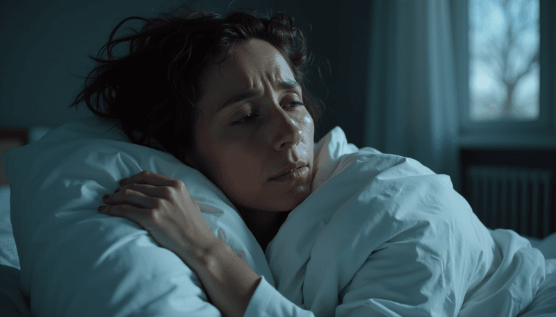 Woman waking up from night sweats looking frustrated