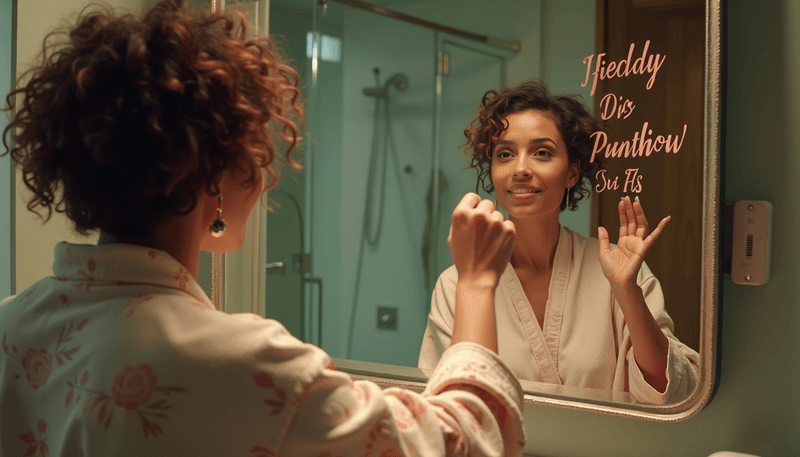 Woman looking at mirror with positive affirmations