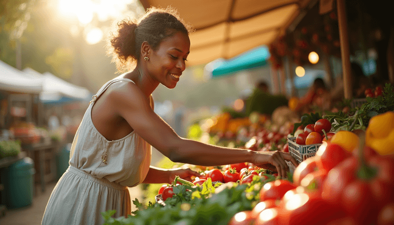 Woman selecting fresh vegetables and fruits at farmers market