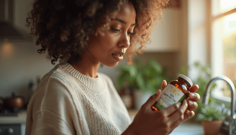 Woman holding herbal supplement while reading information