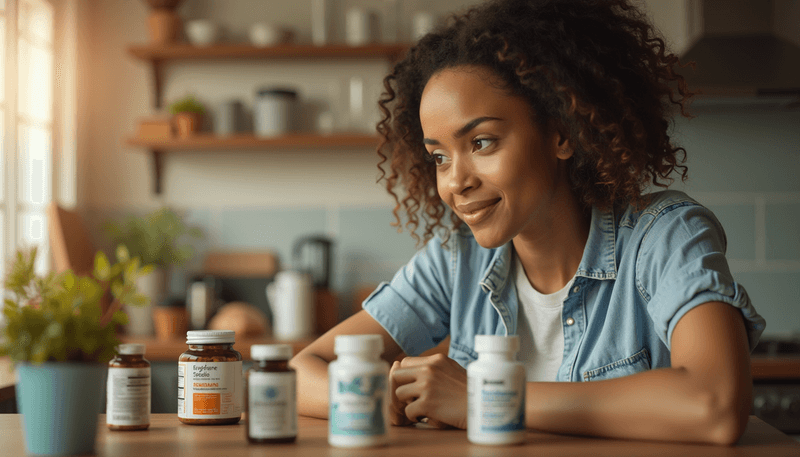 Woman holding various supplement bottles while looking thoughtful