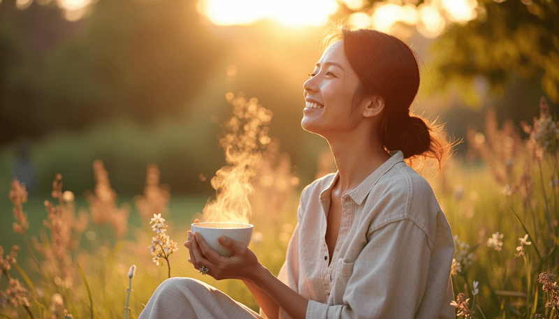 Woman enjoying peaceful moment with tea