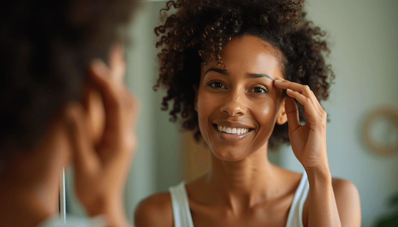 Woman examining her hair in mirror with concerned expression