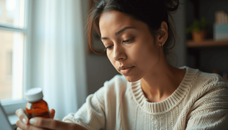 Woman looking concerned while reading nutrition label on vitamin bottle