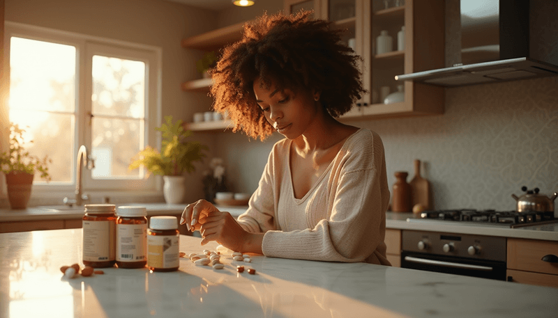 Woman looking confused at various digestive health products on kitchen counter