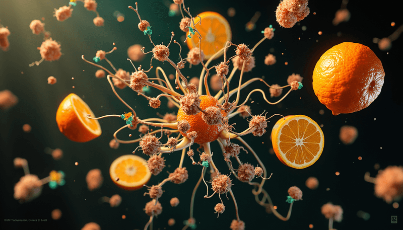 Illustration of gut microbiome and citrus fruits