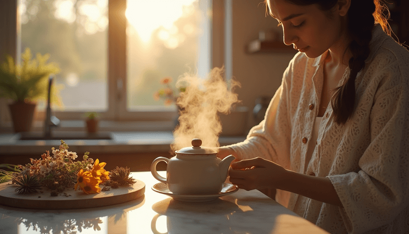 Woman looking peaceful while preparing traditional herbal tea before bedtime