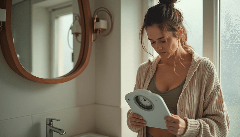 Woman looking worried at scale while measuring waist