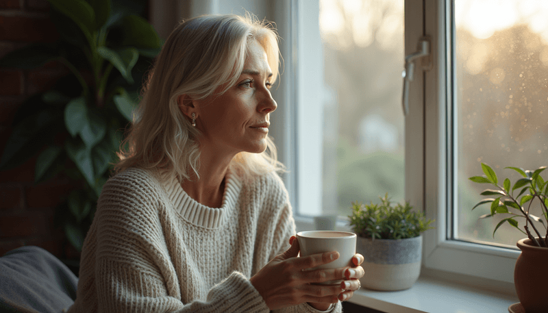 Woman looking thoughtfully out window while holding tea cup