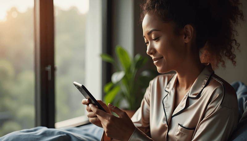 Woman checking her sleep tracking app in morning light