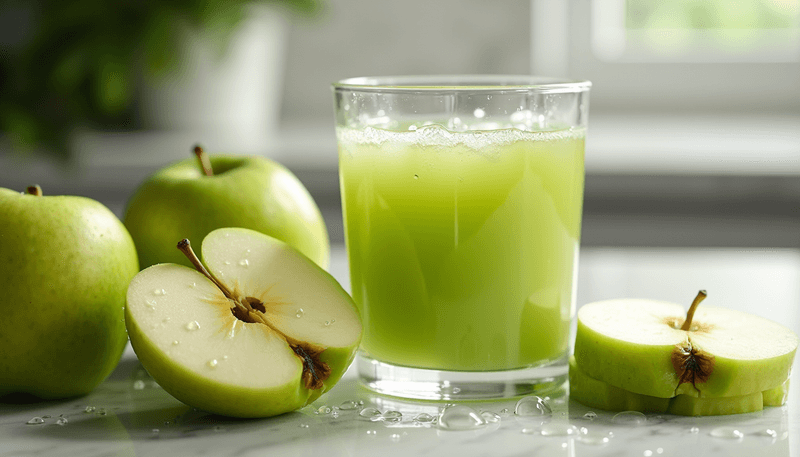 Green apple juice in a glass with fresh apples nearby