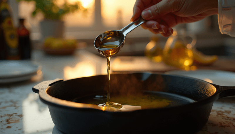 Woman measuring cooking oil with a measuring spoon