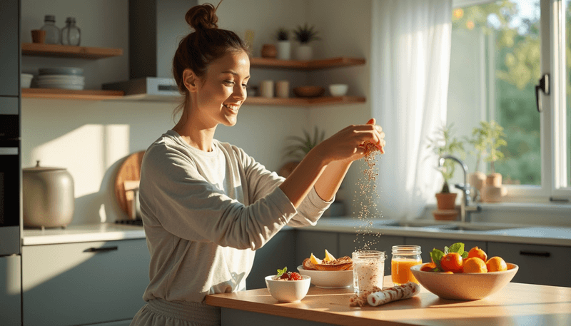 Woman preparing healthy breakfast with flaxseeds