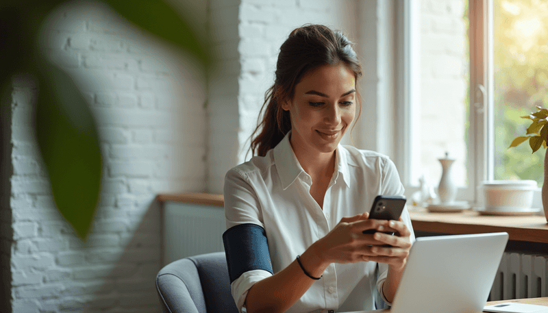 Woman checking blood pressure at home while reviewing health tracking app on phone