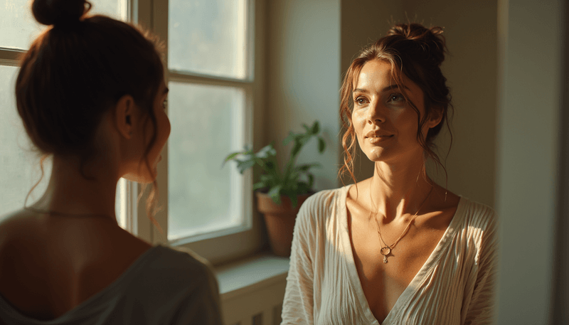 Woman looking at herself in mirror showing signs of aging