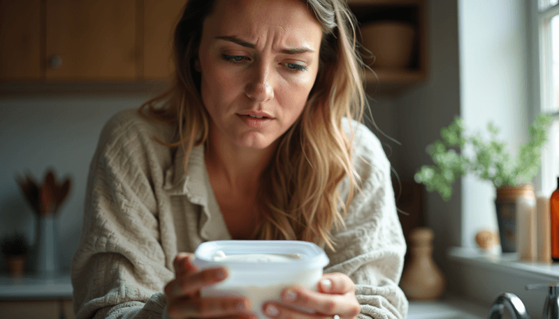 Woman examining product labels in household items