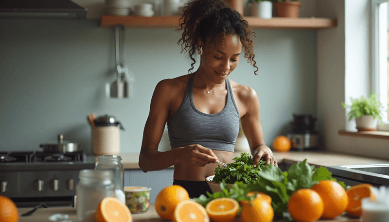 Woman exercising and eating healthy meal