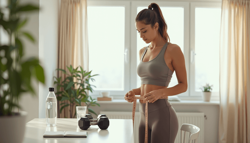 Woman measuring waist with tape measure