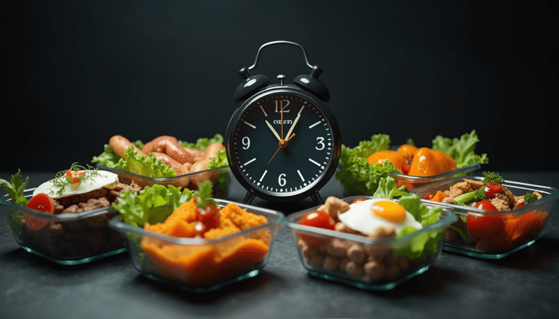 Clock surrounded by different healthy meals