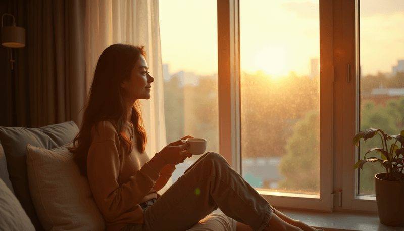 Woman looking thoughtfully out window while holding tea