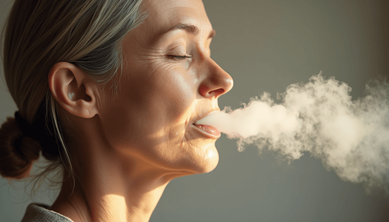 Woman demonstrating cooling breath technique