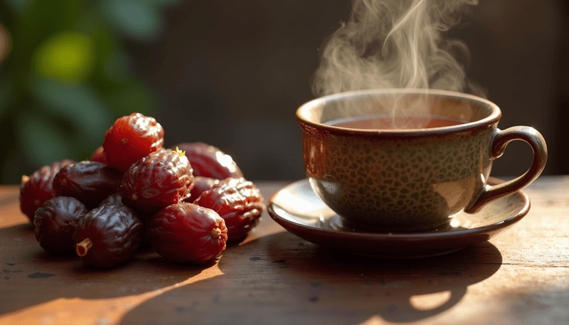 A fresh Ajwa date next to a cup of herbal tea on a wooden table