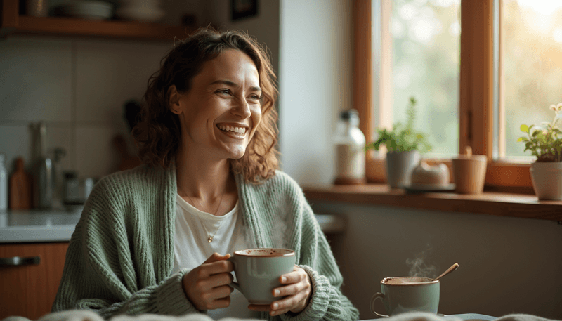 Woman looking relieved while holding a cup of hot cocoa