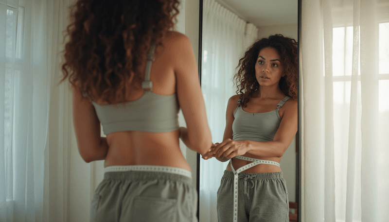 Woman measuring waist while looking worried at mirror