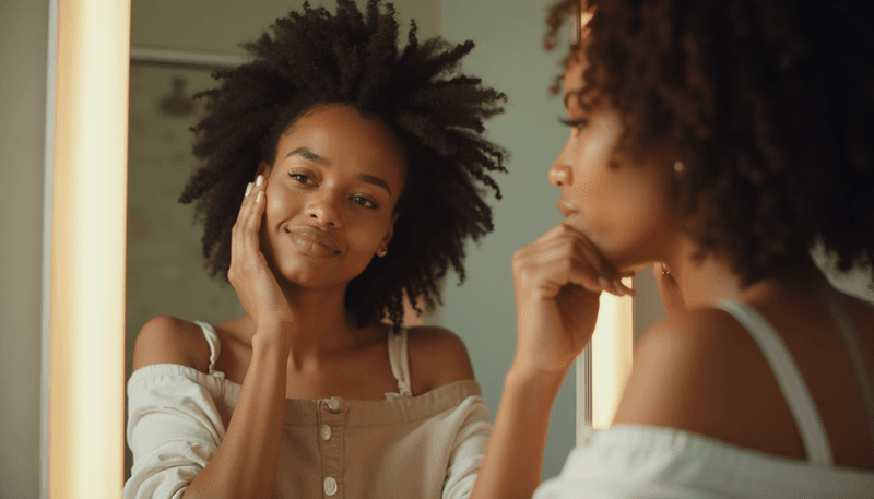 Woman looking at hair loss in mirror with concerned expression