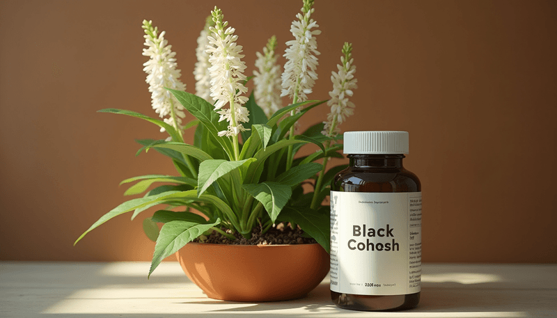 Black cohosh plant and supplement bottle