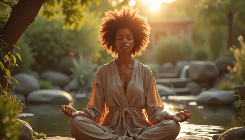 Woman doing mindfulness meditation in garden setting