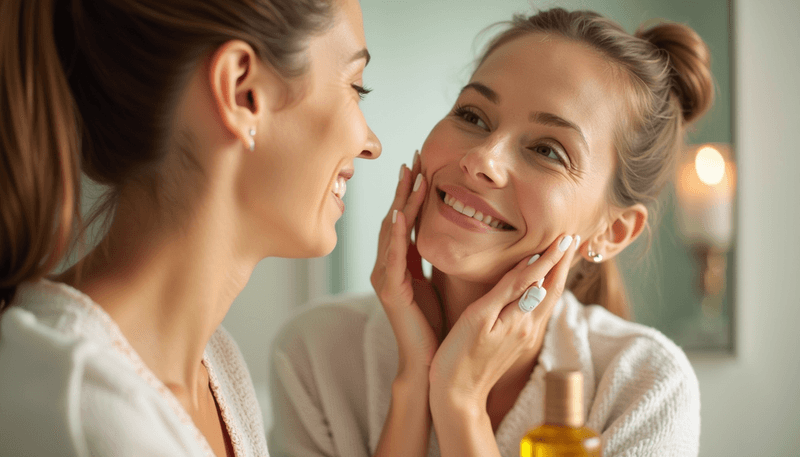 Woman applying moisturizer to face