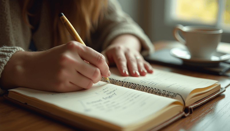 Woman writing in health journal tracking progress